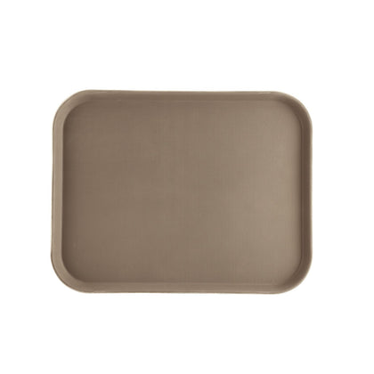 Brown 18x14 inch rectangular fiberglass tray with non-slip surface, lightweight and stain-resistant. Ideal for restaurants, cafeterias, buffets, and commercial foodservice environments.