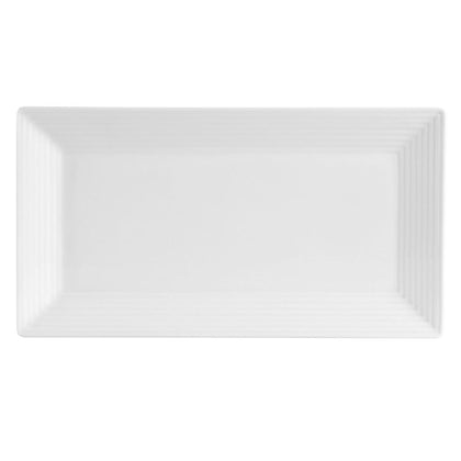 14 1/2-inch rectangular platter, ceramic serving tray, heat-resistant, microwave-safe, oven-safe, dishwasher-safe, chip-resistant, ideal for appetizers, entrees, desserts, and elegant food presentation.