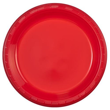 10-inch disposable plastic plates in red and white, perfect for parties, events, and casual meals. Durable and stylish design, easy cleanup for serving main courses, appetizers, or desserts.