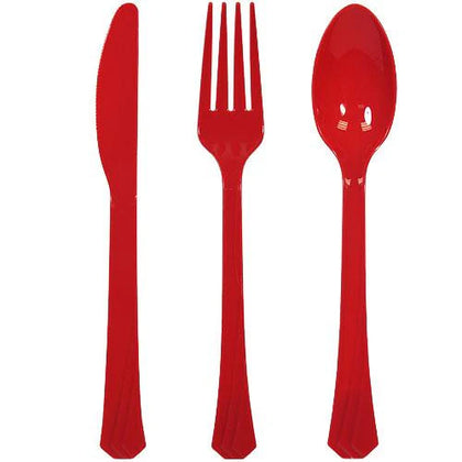 Deluxe Cutlery Combo available in Island Blue, Red, Orange, Blue, Purple, Black, Hot Pink, and Lime Green. Durable disposable utensils perfect for parties, weddings, picnics, or themed events.