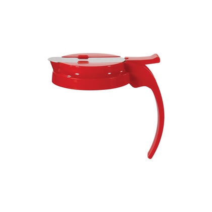 Red poly cap with white cap for syrup dispenser, durable, chemical-resistant, lightweight, secure fit to prevent leaks. Ideal for cafes, restaurants, and syrup dispensing. Packed 144 each per case.