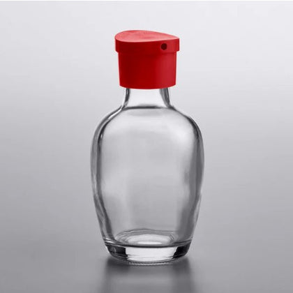 Set of 12 red top soy sauce bottles, ideal for controlled pouring and convenient storage.
