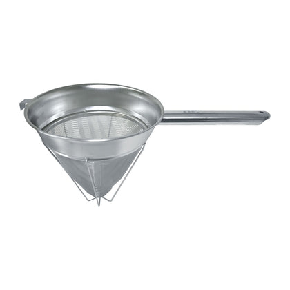 8-inch reinforced stainless steel bouillon chinois strainer with fine mesh cone, sturdy frame, rust-resistant, and easy to clean; packed 12 each per case for professional kitchen straining tasks.