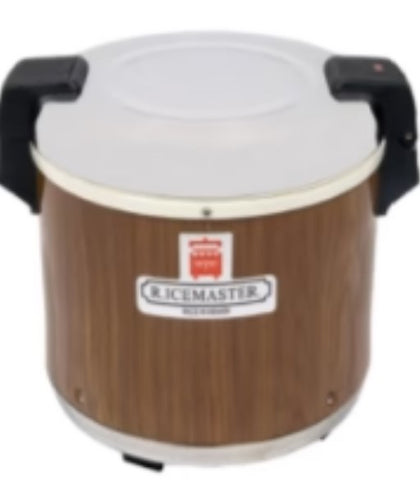 23-quart Rice Master rice warmer with woodgrain design, 120V, and coated pot for efficient rice warming in commercial or home kitchens.



