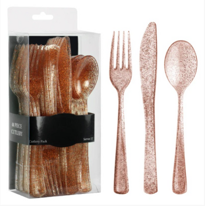 Rose Gold Glitter Combo Cutlery Box with sparkling forks, knives, and spoons. Made from BPA-free, durable plastic. Elegant, disposable flatware perfect for weddings, parties, and upscale events.