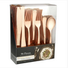 Polished metallic cutlery combo box in gold, silver, and rose gold. Includes forks, knives, and spoons. Durable, BPA-free, disposable, and elegant for weddings, parties, and formal events.