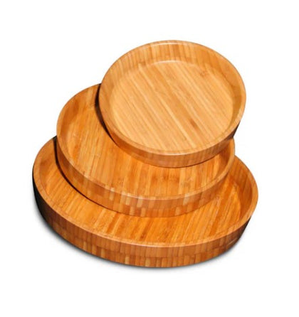 A 3-piece set of round bamboo plates/serving trays, perfect for serving appetizers, snacks, or meals in an eco-friendly, stylish way.
