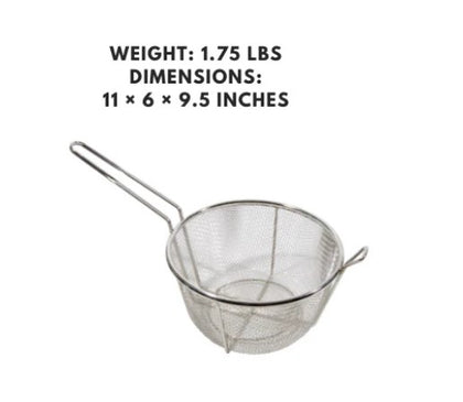 A round pasta basket measuring 11 inches by 6 inches, ideal for serving or draining pasta.



