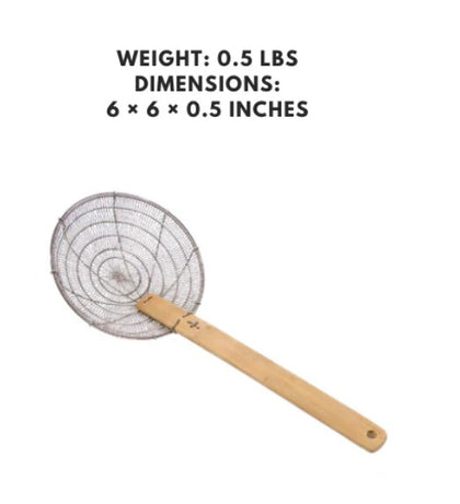 Stainless steel skimmer with a fine mesh and bamboo handle, 6 inches in size.



