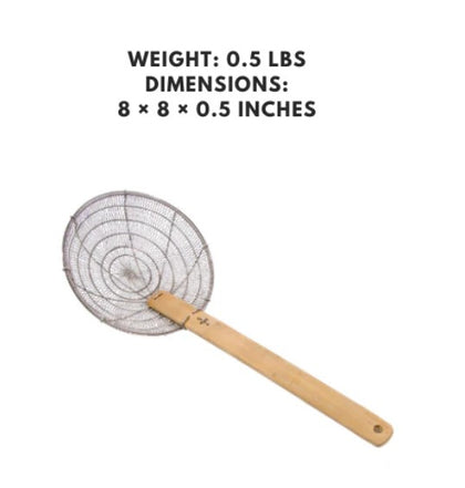 Stainless steel fine mesh skimmer with a bamboo handle, 8 inches in size, ideal for straining and lifting foods.

