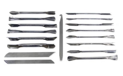 A 17-piece stainless steel garnishing set with precise tools for creating detailed food designs and decorations.
