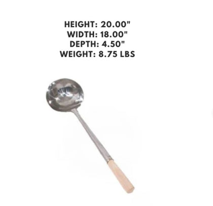 Large handmade stainless steel ladle, designed for easy serving with a sturdy, durable handle and a sleek, polished finish.
