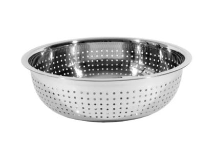 A 13-inch stainless steel colander with small holes, ideal for draining pasta, vegetables, and fruits with durability and ease.




