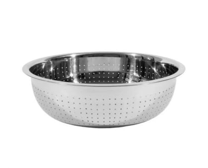 A 15-inch stainless steel colander with small holes, designed for efficiently draining pasta, vegetables, and fruits with durability.
