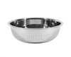 A 15-inch stainless steel colander with small holes, designed for efficiently draining pasta, vegetables, and fruits with durability.
