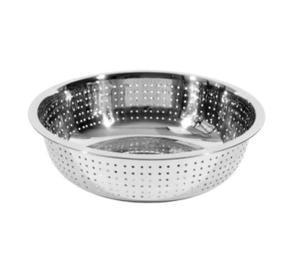 An 11-inch stainless steel colander with small holes, perfect for draining liquids from food like pasta, vegetables, or fruits.
