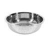 An 11-inch stainless steel colander with small holes, perfect for draining liquids from food like pasta, vegetables, or fruits.
