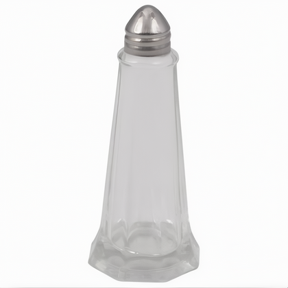 1-ounce capacity, Tower Salt/Pepper Shaker made of clear glass with a faceted, tapered design. It features a stainless steel top with small perforations for dispensing salt or pepper. The classic style makes it a common choice for restaurants, diners, and home dining settings.