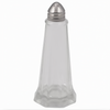 1-ounce capacity, Tower Salt/Pepper Shaker made of clear glass with a faceted, tapered design. It features a stainless steel top with small perforations for dispensing salt or pepper. The classic style makes it a common choice for restaurants, diners, and home dining settings.