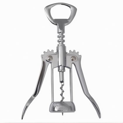 Wing Corkscrew with Bottle Opener, Stanton Trading, self-pulling design with chrome-plated finish; includes integrated bottle opener and comes individually boxed. Ideal for bars, restaurants, and home use.