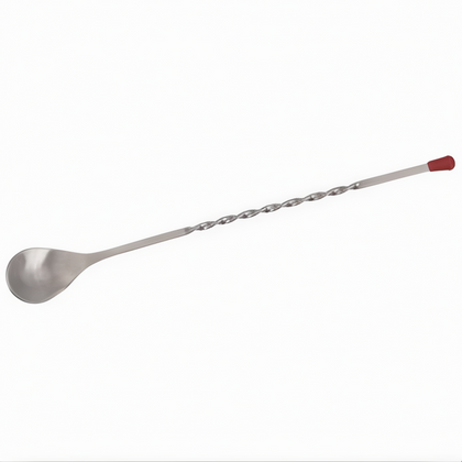 Bar Spoon, Stanton Trading, features a twisted handle with red knob, large bowl, and one-piece stainless steel construction for durability and control. Ideal for mixing and layering drinks in bars, lounges, and cocktail service.