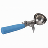 #16 Ice Cream Disher, Stanton Trading, features a stainless steel bowl, blue handle, and NSF certification for food safety. Ideal for scooping uniform portions of ice cream, mashed potatoes, or soft foods in commercial and home kitchens.