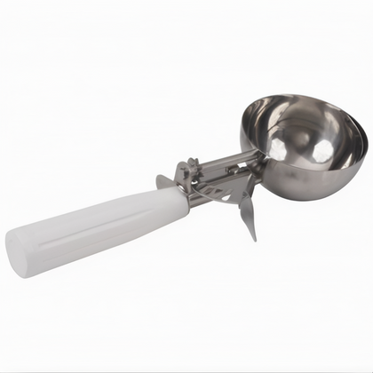 #6 Ice Cream Disher, Stanton Trading, features a stainless steel bowl, white handle, and NSF certification for food safety. Ideal for scooping uniform portions of ice cream, mashed potatoes, or soft foods in commercial and home kitchens.