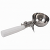 #6 Ice Cream Disher, Stanton Trading, features a stainless steel bowl, white handle, and NSF certification for food safety. Ideal for scooping uniform portions of ice cream, mashed potatoes, or soft foods in commercial and home kitchens.