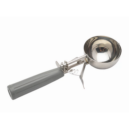 #8 Ice Cream Disher, Stanton Trading, features a stainless steel bowl, gray handle, and NSF certification for food safety. Ideal for scooping uniform portions of ice cream, mashed potatoes, or soft foods in commercial and home kitchens.