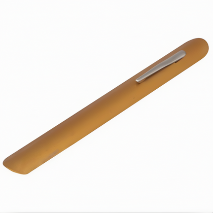 tablecloth crumber made of metal, designed for sweeping crumbs off tables in restaurants and dining establishments. It has a sleek, curved shape for easy handling and a pocket clip for convenient storage, perfect for servers to maintain a clean and tidy table setting.
