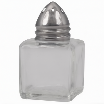 0.5-ounce cube-shaped salt/pepper shaker made of clear glass with a stainless steel top featuring small perforations for easy dispensing. Its compact, square design is ideal for restaurants, cafes, and home dining, offering a classic and functional way to store and serve salt or pepper.