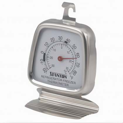 -20 to 85°F Dial Type Refrigerator/Freezer Thermometer, Stanton Trading, features a clear dial display with dual Fahrenheit and Celsius readings, and sturdy stainless steel housing. Designed for accuracy and durability in cold storage environments. Ideal for refrigerators and freezers in commercial kitchens or homes.