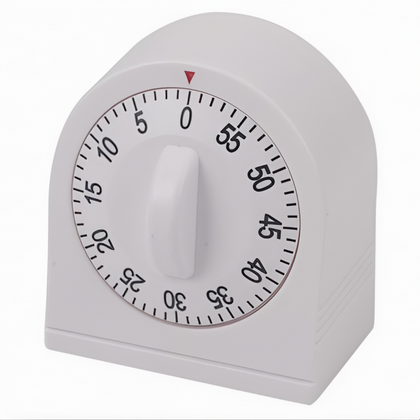 60 Minute Long Ring Timer, Stanton Trading, features a durable white plastic case with a clear 60-minute dial for precise time tracking. The loud, long ring ensures you'll hear it from across the room. Ideal for use in kitchens, classrooms, or any time-sensitive environment.