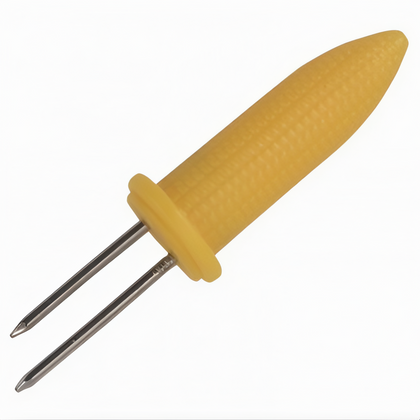 Corn Holder, Stanton Trading, features metal prongs with yellow plastic handles for a secure grip. Ideal for serving corn on the cob at restaurants, BBQs, and home gatherings.