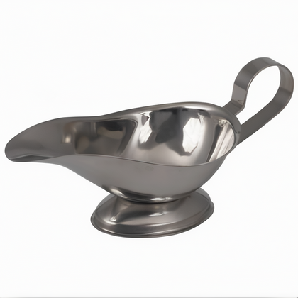 3 oz. Gravy Boat, Stanton Trading, features a handle and foot welded to the body, made from polished 18/8 stainless steel. Ideal for serving gravy, sauces, and dressings in restaurants and catering.