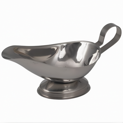 5 oz. Gravy Boat, Stanton Trading, features a handle and foot welded to the body, made from polished 18/8 stainless steel. Ideal for serving gravy, sauces, and dressings in restaurants and catering.