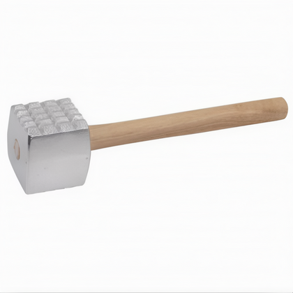 Steak Tenderizer with aluminum head, Stanton Trading, features a durable hardwood handle and a solid aluminum head for effective meat softening. Ideal for tenderizing beef, pork, or poultry in professional kitchens and home cooking setups.