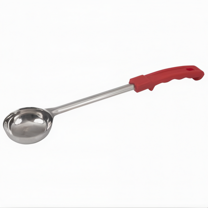 2 oz. Solid Portion Spoon, Stanton Trading, crafted with a solid bowl and a durable red handle for precise portion control. Ideal for serving sauces, sides, or vegetables in commercial kitchens, cafeterias, or catering environments.