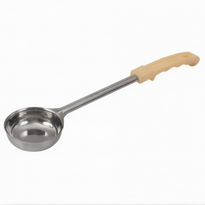 3 oz. Solid Portion Spoon, Stanton Trading, crafted with a solid bowl and a durable ivory handle for precise portion control. Ideal for serving sauces, sides, or vegetables in commercial kitchens, cafeterias, or catering environments.