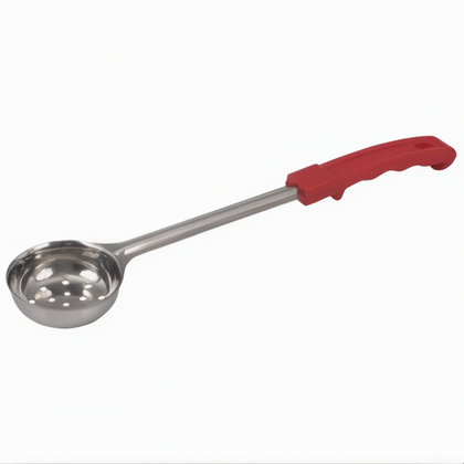 2 oz. Perforated Portion Spoon, Stanton Trading, crafted with a stainless steel perforated bowl and ergonomic red handle for precise draining and serving. Ideal for portioning vegetables, fruits, and side dishes in busy commercial kitchens and cafeterias.