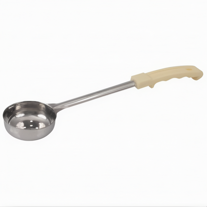 3 oz. Perforated Portion Spoon, Stanton Trading, crafted with a stainless steel perforated bowl and ergonomic ivory handle for precise draining and serving. Ideal for portioning vegetables, fruits, and side dishes in busy commercial kitchens and cafeterias.