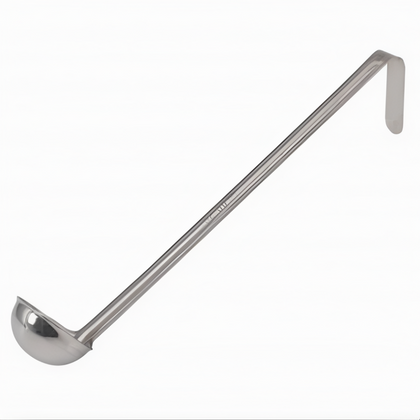 1 oz. Ladle, Stanton Trading, made from one-piece stainless steel for durability and easy cleaning. Features a smooth bowl and long handle for efficient serving. Ideal for soups, stews, sauces, and other liquid-based dishes in professional or home kitchens.