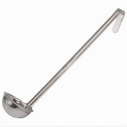 2 oz. Ladle, Stanton Trading, made from one-piece stainless steel for durability and easy cleaning. Features a smooth bowl and long handle for efficient serving. Ideal for soups, stews, sauces, and other liquid-based dishes in professional or home kitchens.