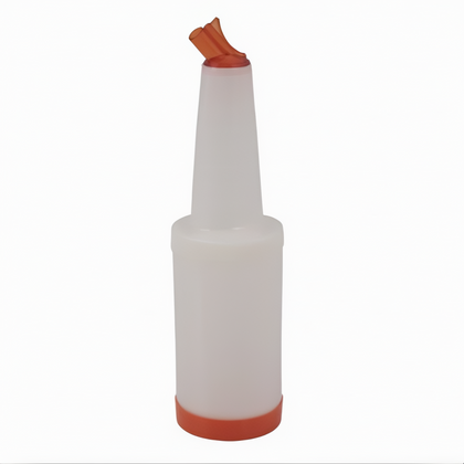 32 oz. Liquor & Juice Pourer Backup, Stanton Trading, includes container and cap made of durable polyethylene, with 2 of each color for easy identification. Ideal for storing and organizing juices and mixers in bars, restaurants, and catering setups.