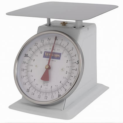 25 lb. x 2 oz. Portion Control Scale, Stanton Trading, analog top-loading counter model with dual measure (oz & g), angled rotating dial, shatterproof lens, and 7-7/8