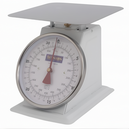 32 oz. Portion Control Scale, Stanton Trading, analog top-loading counter model with dual measure (oz & g), angled rotating dial, shatterproof lens, and 7-7/8