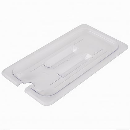 1/2 Size Food Pan Cover with Notch, Stanton Trading, flat clear polycarbonate, durable, shatter-resistant, utensil slot for convenience; ideal for covering food while allowing easy access during service in commercial kitchens.
