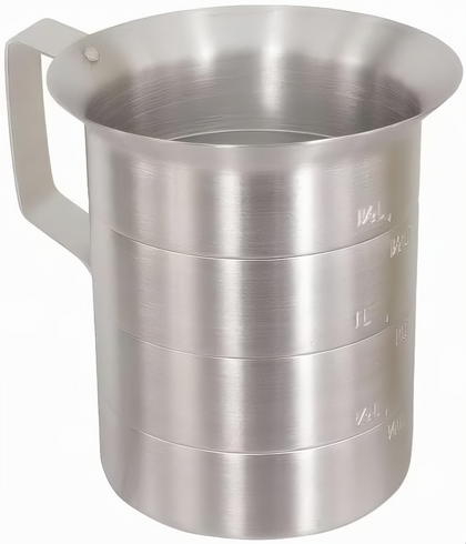 1/2 Quart Graduated Measuring Cup, Stanton Trading, made of durable aluminum, features clear liter and quart markings for precise measurement. Ideal for commercial kitchens and food prep stations.