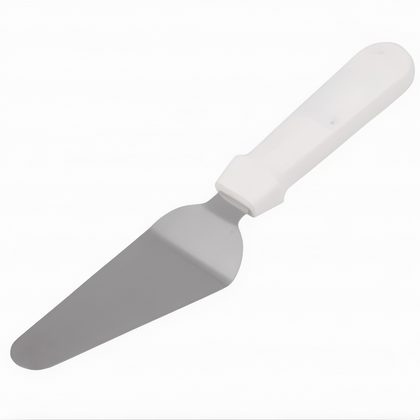 Pie Server with White Plastic Handle, Stanton Trading, features a durable stainless steel blade and ergonomic white plastic handle for comfortable grip and precise serving. Ideal for slicing and serving pies, cakes, and pastries in bakeries, restaurants, and catering services.