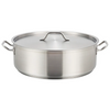 13-1/2 Quart, Brazier with Handled Cover, Stanton Trading, features an induction-ready 3-ply bottom constructed from 18/8 stainless steel with an aluminum core for even heat distribution, a wide cooking surface for optimal browning, and a handled lid to retain moisture; ideal for slow cooking, braising meats, and preparing stews on all stovetops including induction.